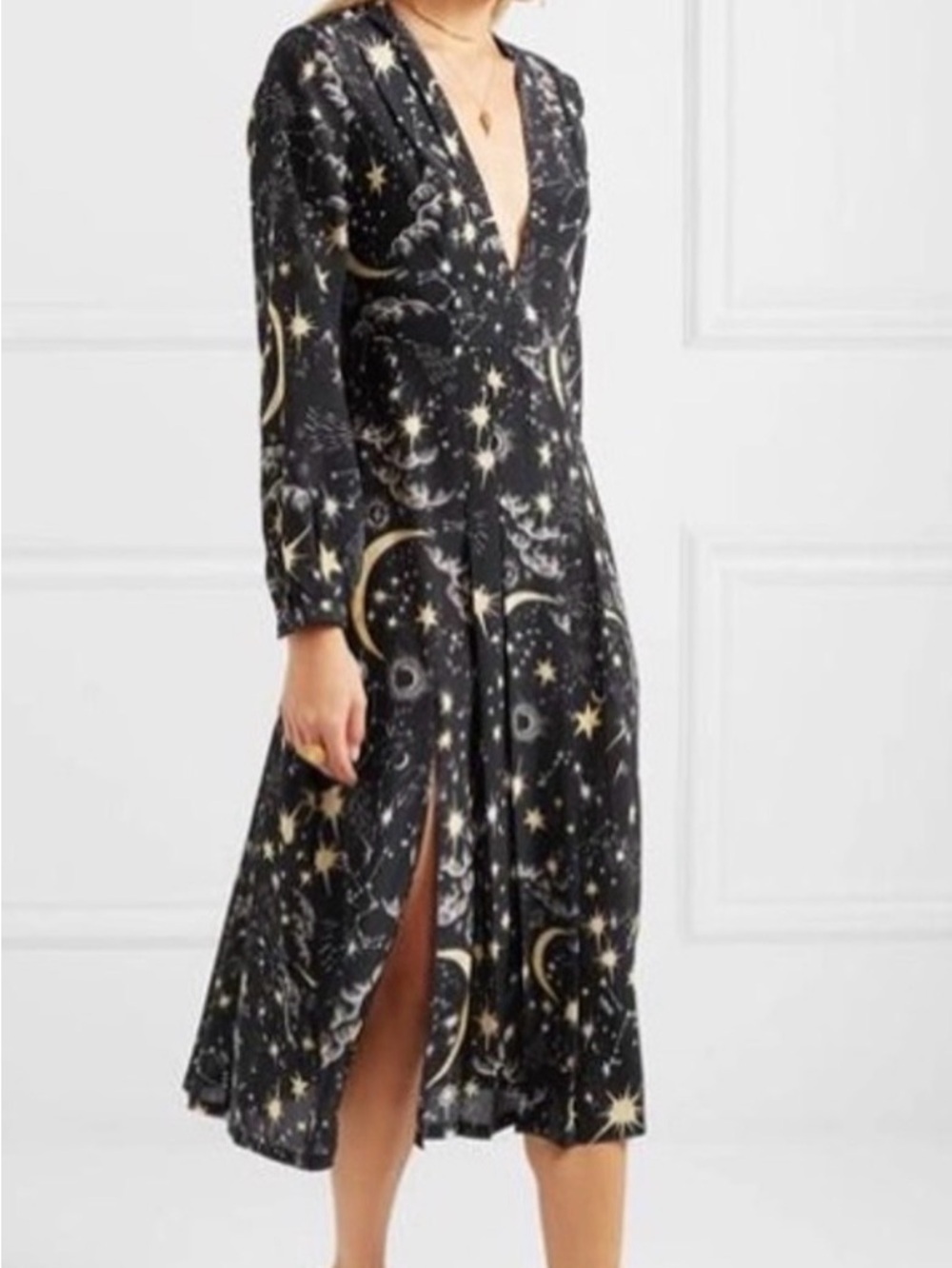 RIXO Black and Gold Celestial V-Neck Midi Dress with Slit